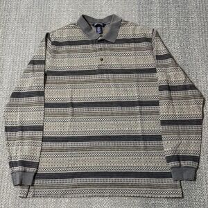 Vintage Lands End Polo Shirt Rugby Geometric Stripe Long Sleeve Gray XL USA Made